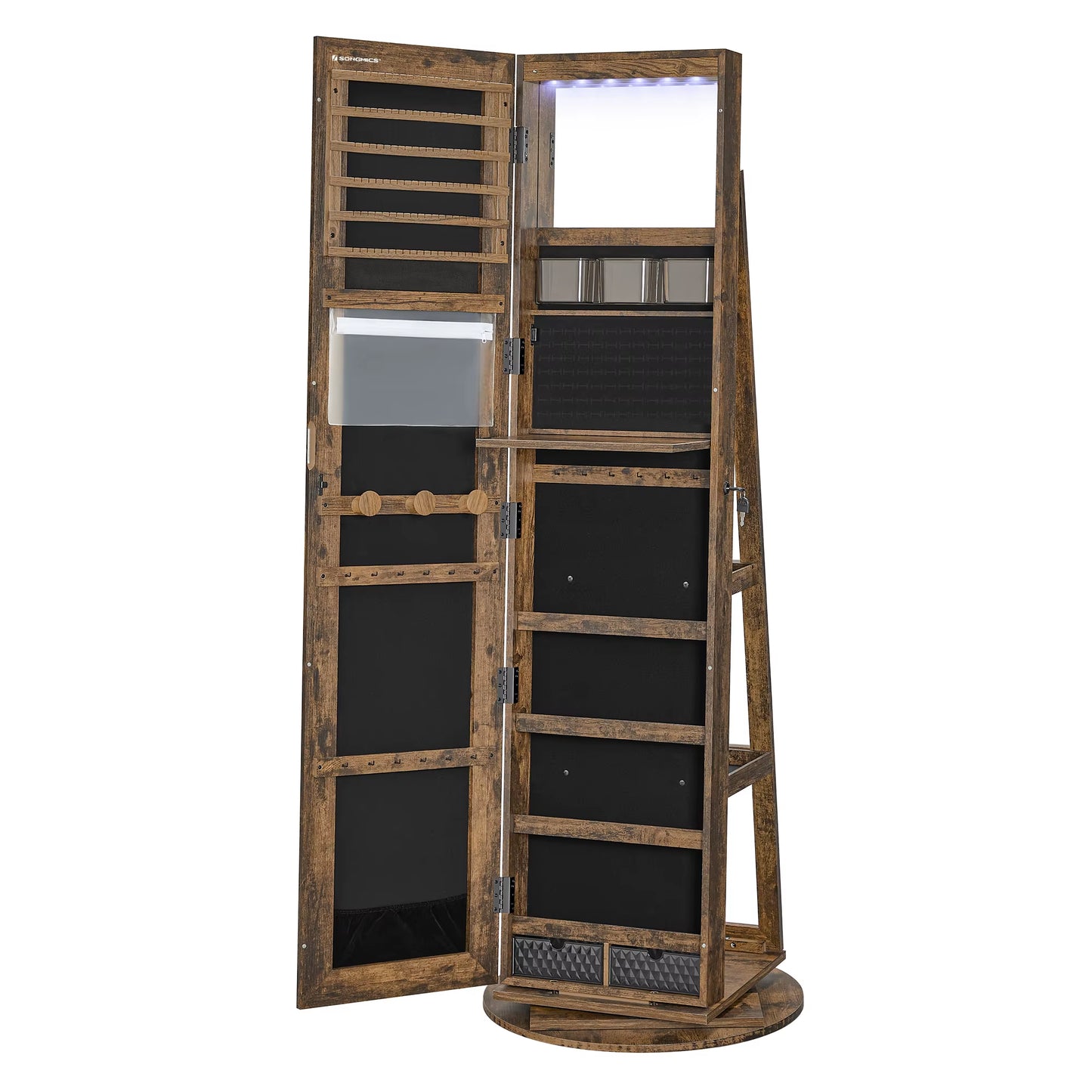 Standing Mirror Jewelry Armoire Cabinet Lockable 360 Swivel Jewelry Cabinet with Led Lights