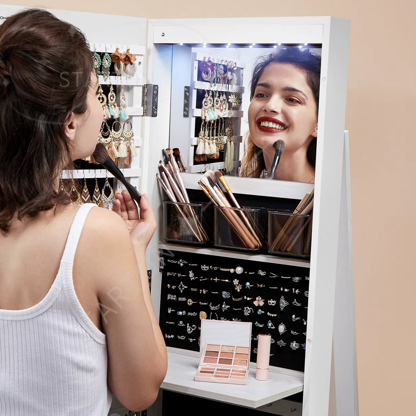 Standing Mirror Jewelry Armoire Cabinet Lockable 360 Swivel Jewelry Cabinet with Led Lights