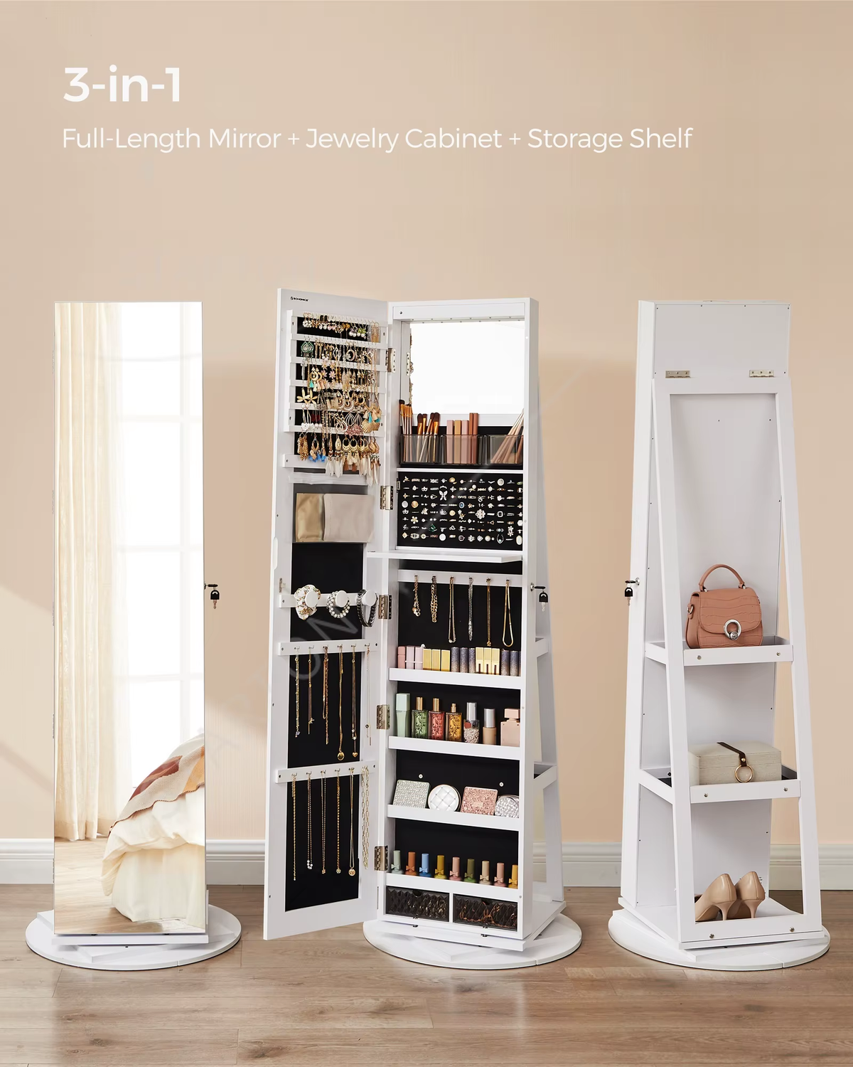 Standing Mirror Jewelry Armoire Cabinet Lockable 360 Swivel Jewelry Cabinet with Led Lights