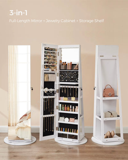 Standing Mirror Jewelry Armoire Cabinet Lockable 360 Swivel Jewelry Cabinet with Led Lights