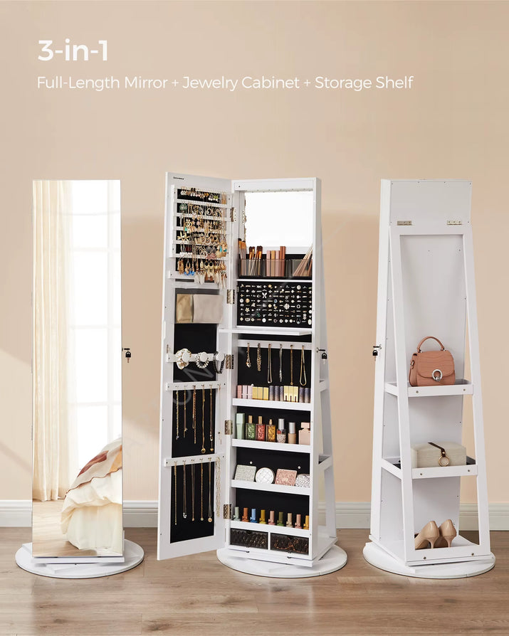 Standing Mirror Jewelry Armoire Cabinet Lockable 360 Swivel Jewelry Cabinet with Led Lights