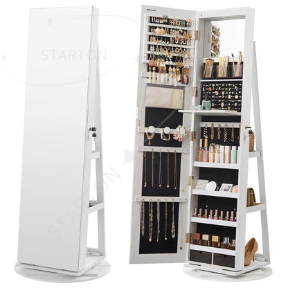 Standing Mirror Jewelry Armoire Cabinet Lockable 360 Swivel Jewelry Cabinet with Led Lights