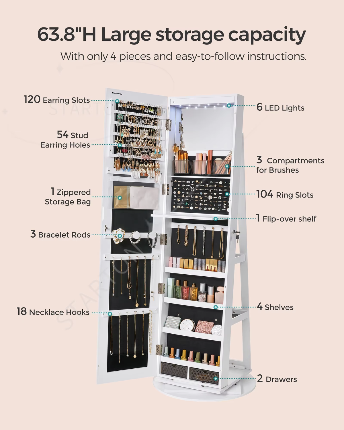 Standing Mirror Jewelry Armoire Cabinet Lockable 360 Swivel Jewelry Cabinet with Led Lights