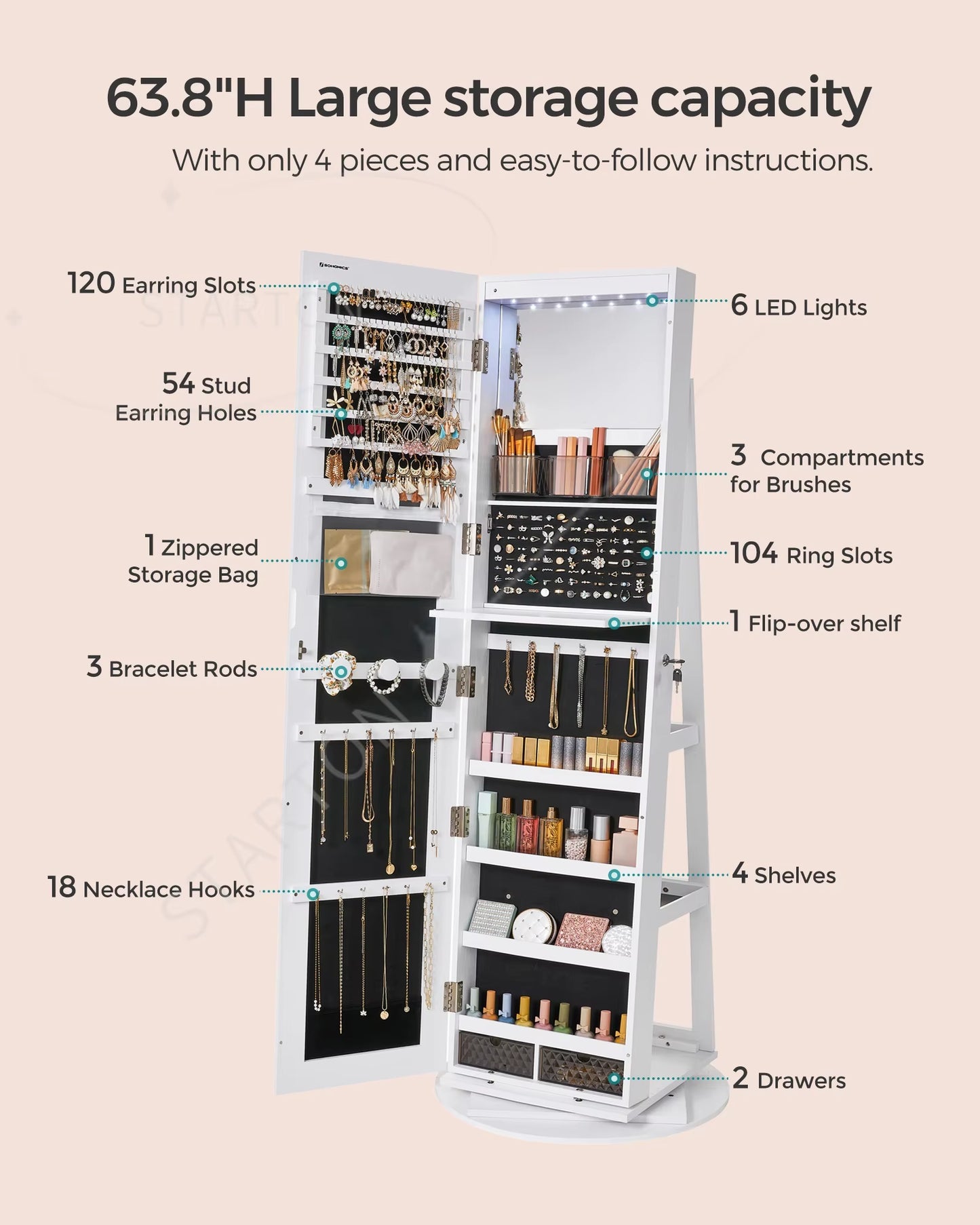 Standing Mirror Jewelry Armoire Cabinet Lockable 360 Swivel Jewelry Cabinet with Led Lights