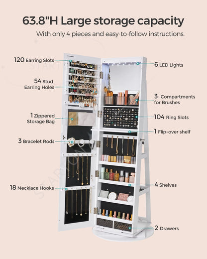 Standing Mirror Jewelry Armoire Cabinet Lockable 360 Swivel Jewelry Cabinet with Led Lights