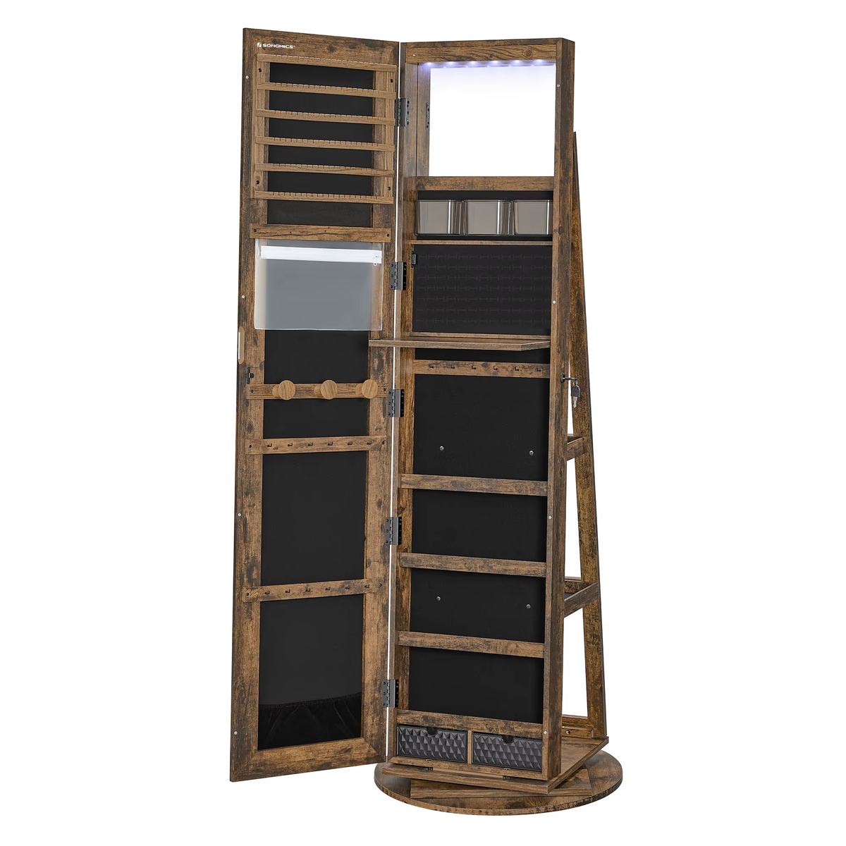 Standing Mirror Jewelry Armoire Cabinet Lockable 360 Swivel Jewelry Cabinet with Led Lights